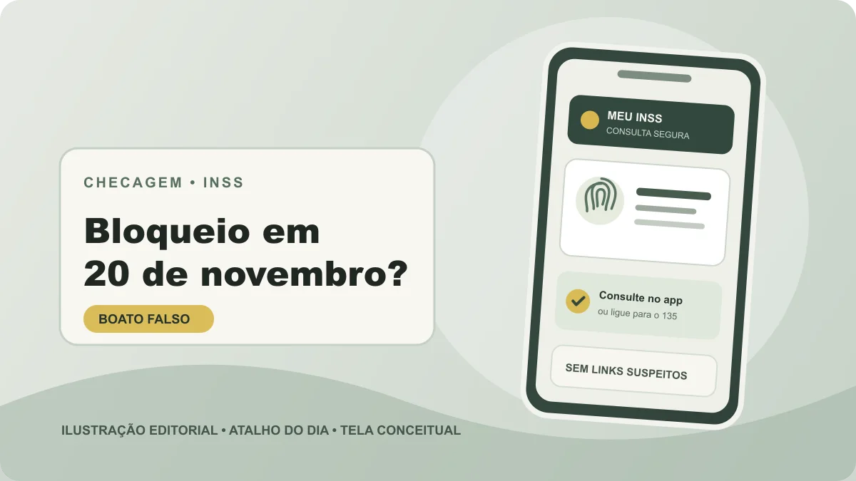 Ilustração conceitual de um celular com opções de consulta do INSS e um documento com biometria