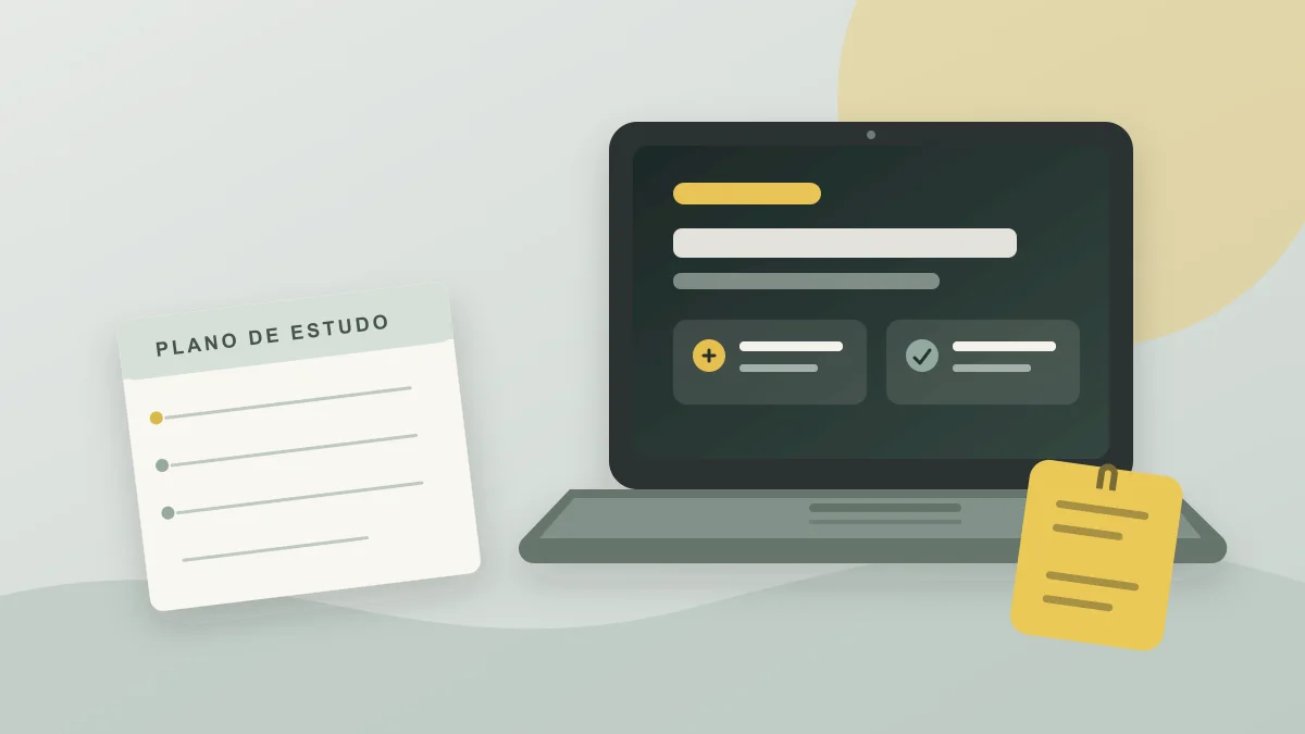 Ilustração de um notebook com cursos on-line e um caderno de estudos