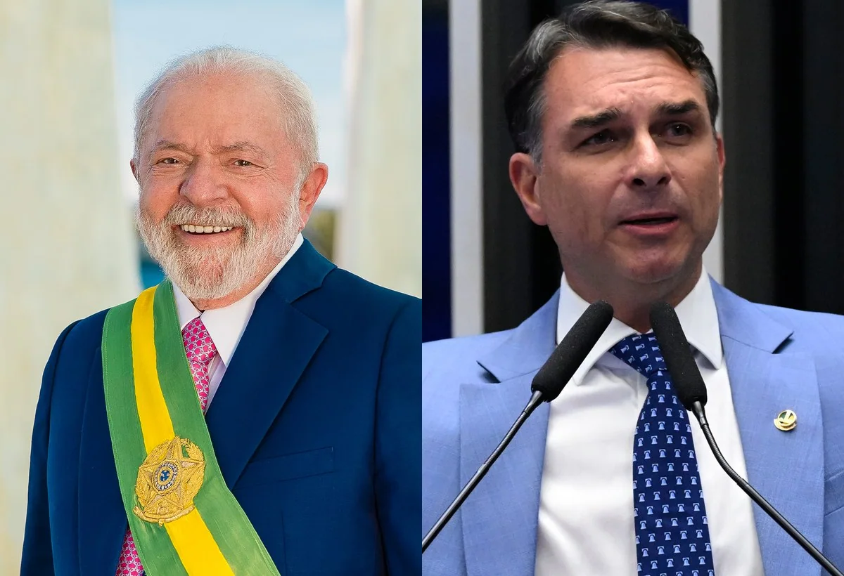 Retratos de Flávio Bolsonaro e Luiz Inácio Lula da Silva lado a lado em montagem editorial sobre a pesquisa de segundo turno