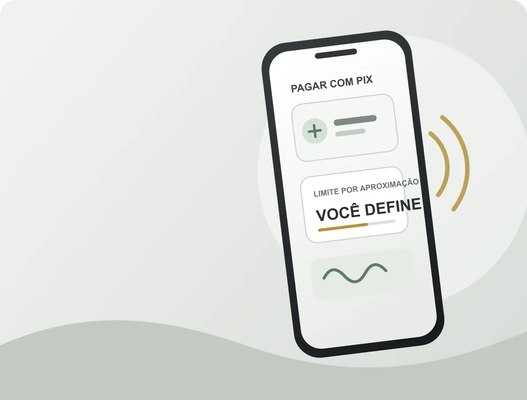 Ilustração de celular aproximado a uma maquininha para pagar com Pix, com indicação de que o usuário controla o próprio limite
