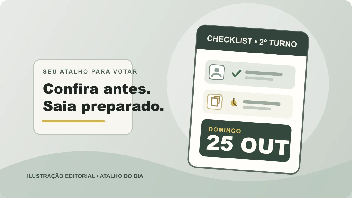 Checklist ilustrado para o segundo turno com documento, celular guardado e calendário marcado para 25 de outubro