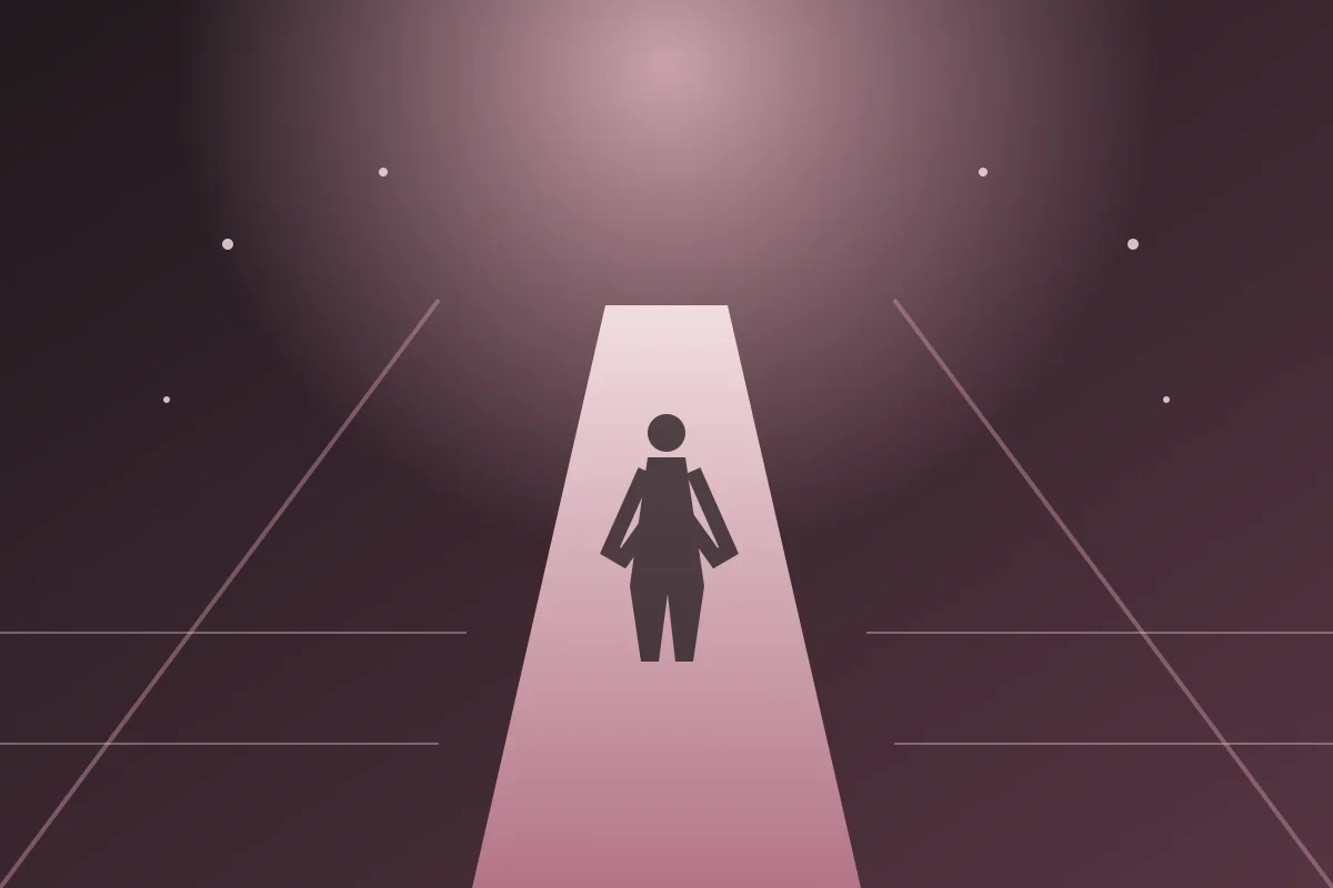 Ilustração editorial de uma passarela iluminada e uma tela de transmissão, sem retratar pessoas reais